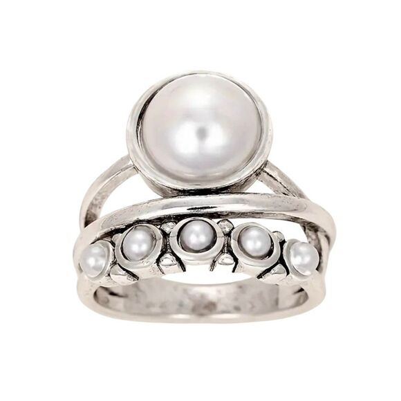 Silver Tone Chunky Boho Pearl Ring Size 7 - Picture 2 of 3